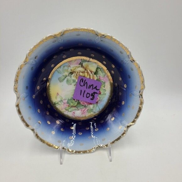 Vintage Victoria Austria Porcelain Bowl Navy Blue Gold Trim Roses Victorian - Picture 4 of 8
